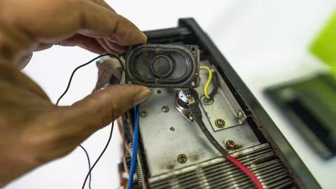 Video and multimedia projector open for maintenance with led lamp Foto stock