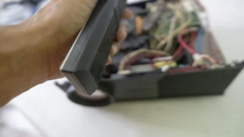 Video and multimedia projector open for maintenance with led lamp - Stock Photos