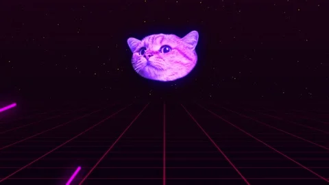Video animation with cat face on grid is shooting a laser out of his eyes. Stock Footage