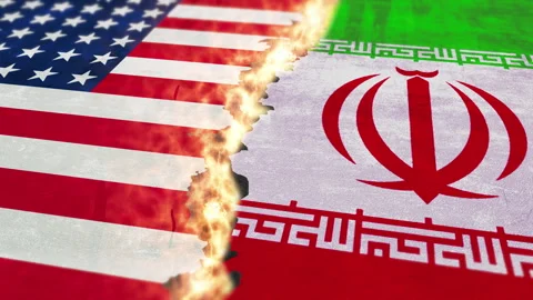 Video animation of the flags of Iran and the USA. Fire and explosions. Stock Footage 330224118