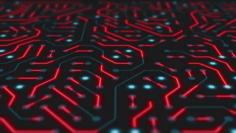 Video animation of a printed circuit board in blue and red on a dark background. Stock Footage 309016913