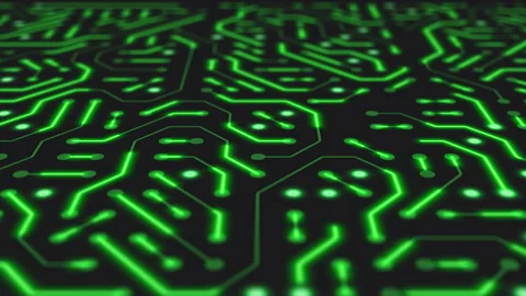 Video animation of a printed circuit board in green on a dark background. Stock Footage 309016924