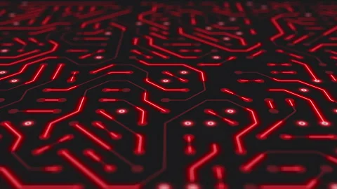 Video animation of a printed circuit board in red on a dark background. Stock Footage 309017643