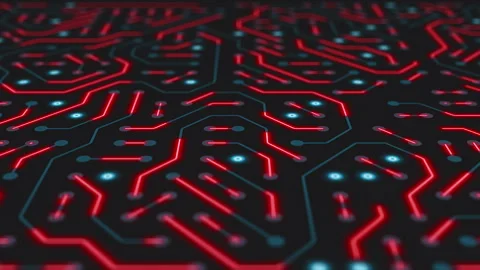 Video animation of a printed circuit board in blue and red on a dark background. Stock Footage 309018663