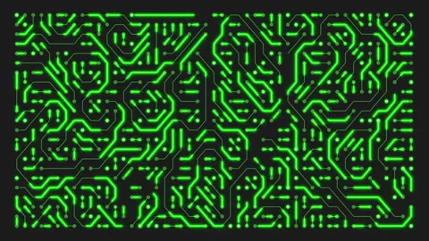 Video animation of a printed circuit board in green on a dark background. Stock Footage 309019800