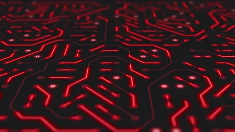 Video animation of a printed circuit board in red on a dark background. Stock Footage 309021541