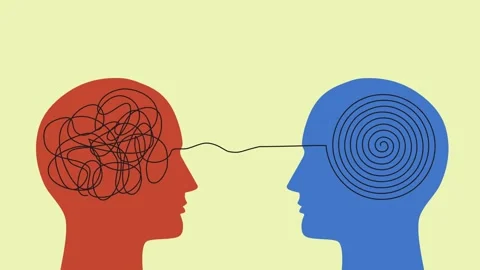 Video animation with two human heads with messy complicated line and orderl.. Stock Footage 280552326