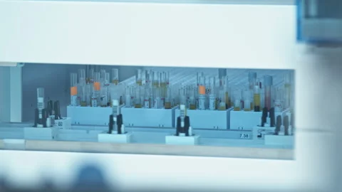 A video of an automated lab line moving test tubes around behind the glass. Lab Stock Footage 233128380