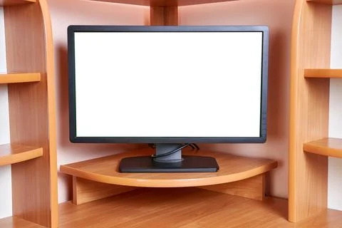 Video background in the form of a computer table with a monitor. Stock Photos