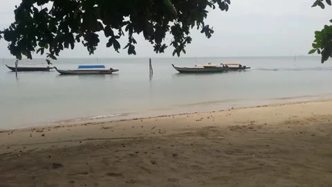 Video of a beach view with green sea and small boats on the shore Stock Footage 324355469