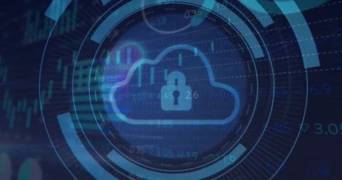 The video begins with a digital cloud with a padlock in a processing circle on a Stock Footage 328007239