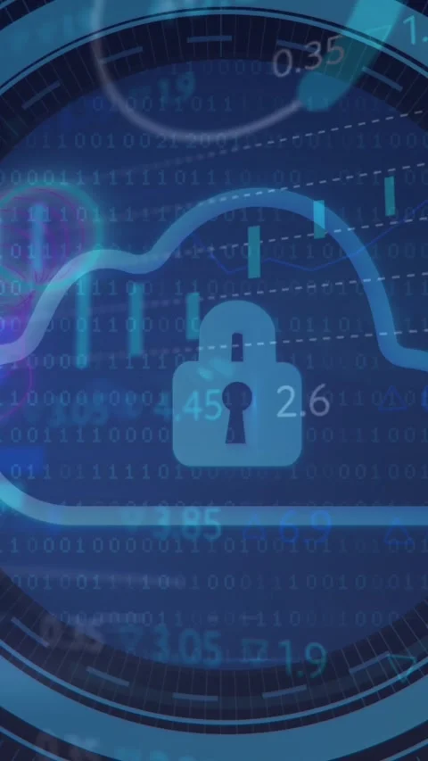 The video begins with a digital cloud with a padlock in a processing circle on a Stock Footage 344803322