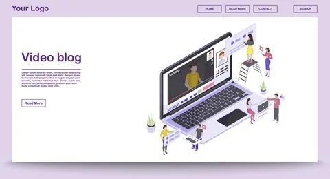 Video blog web page vector template with isometric illustration Illustrazione stock