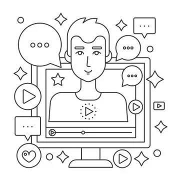 Video blogger thin line web concept. Computer screen with male man blogger Stock Illustration