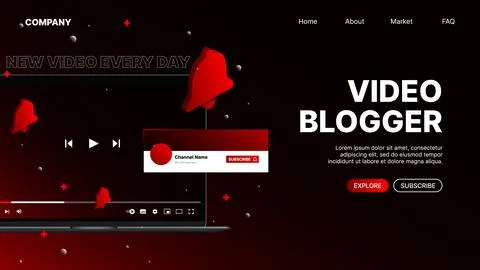 Video Blogger Website Template. Red Landing Page for Content Maker Stock Illustration