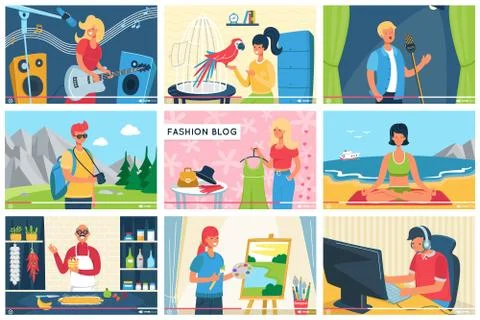 Video bloggers set of vector illustrations banners. Vblog online make review 库存插图