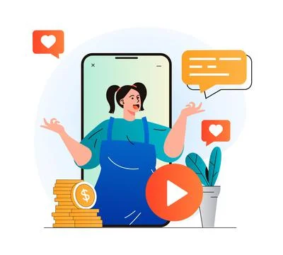 Video blogging concept in modern flat design. Woman blogger in video clip in Illustrazione stock