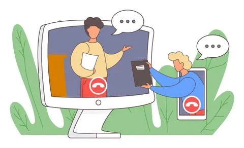 Video call chat conference flat infographic concept vector. Two men speaking Stock Illustration