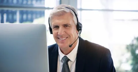 Video call, computer and portrait with a business old man using a headset in the Stock Photos
