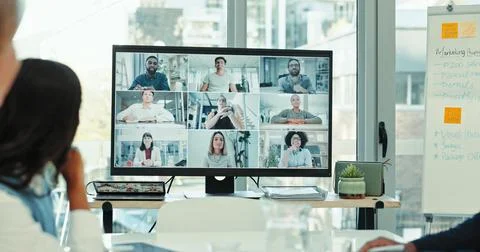 Video call, computer screen and webinar with business people in office for Stock Photos