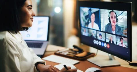 Video call, computer screen and webinar with business woman in office for n.. Stock Photos