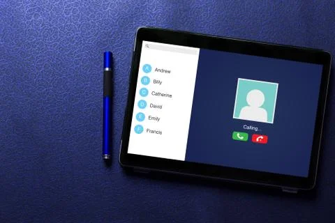 Video call concept on tablet screen with blue pen on blue pattern  Stock Photos