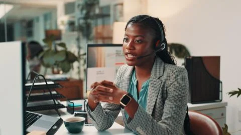 Video call, creative office and business black woman on computer in virtual Stock Photos