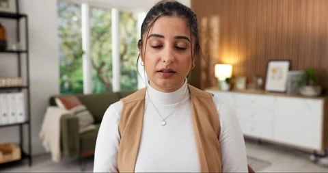 Video call, face and happy woman in home office, virtual assistant or discussion Stock Footage 337508727