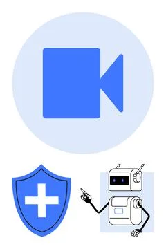 Video Call Icon with Shield and Robot Security, Healthcare, and Technology .. 스톡 일러스트