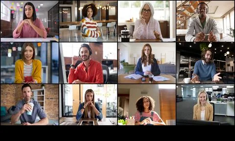Video call interface with twelve diverse male and female work colleagues on Stockfoto's