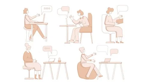 Video call. Interview online set . People sitting on laptop and remote talkin Stock Illustration