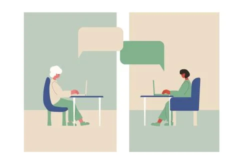 Video call. Interview online set . Two woman sitting on laptop and remote tal Illustrazione stock