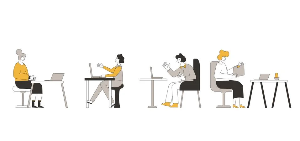 Video call. Interview online set . People sitting on laptop and remote talkin Stock Illustration