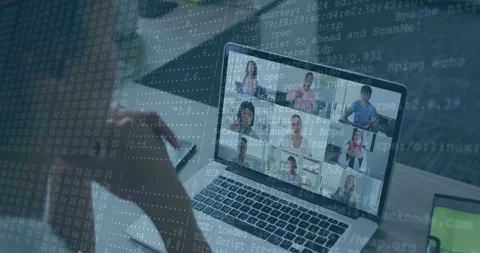 Video call on laptop screen with coding animation overlaying participants Stock Footage 303839685