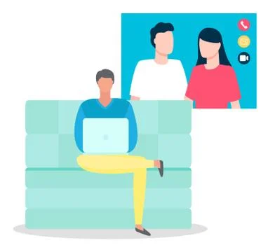 Video Call, Man with Laptop on Couch, Freelancer Illustrazione stock