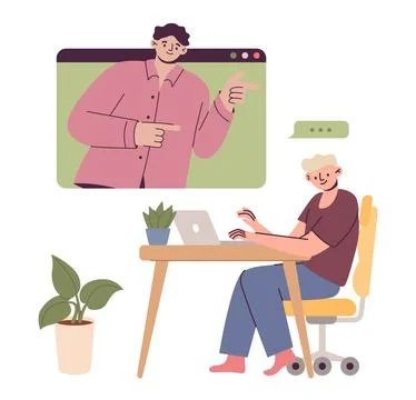 Video call. Man sitting at computer. Digital communication. Network technology Stock Illustration