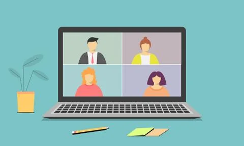 Video call on the notebook screen with people. Business call. Negotiations . Ilustração Stock