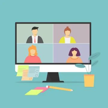Video call on the notebook screen with people. Business call. Negotiations . Stock Illustration