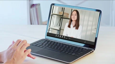Video call online interview female coach laptop Stock Footage 146696958