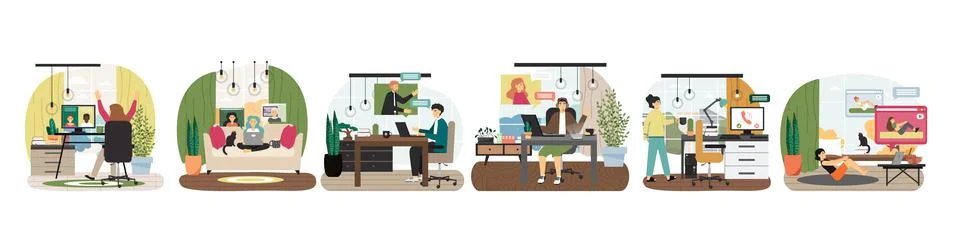 Video call scene set, flat vector isolated illustration. Online communication Stock Illustration