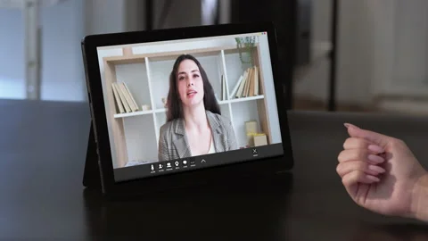 Video call virtual meeting ambitious woman tablet Stock Footage 147672478