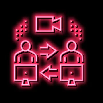Video calling computer application neon glow icon illustration Illustrazione stock