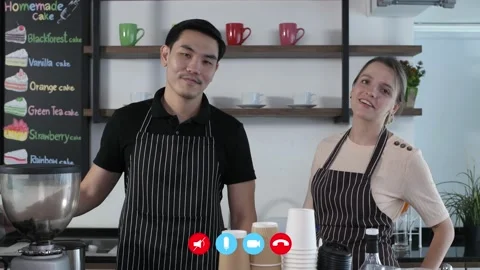 Video calling concept of 4k Resolution. The cafe staff introduces themselves  Video stock 145286959