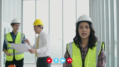 Video calling concept of 4k Resolution. Young engineer presenting work over v Stock Footage 147054578