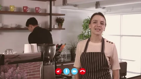 Video calling concept. The shopkeeper is presenting the work process. 4k Reso Stock Footage 142709209