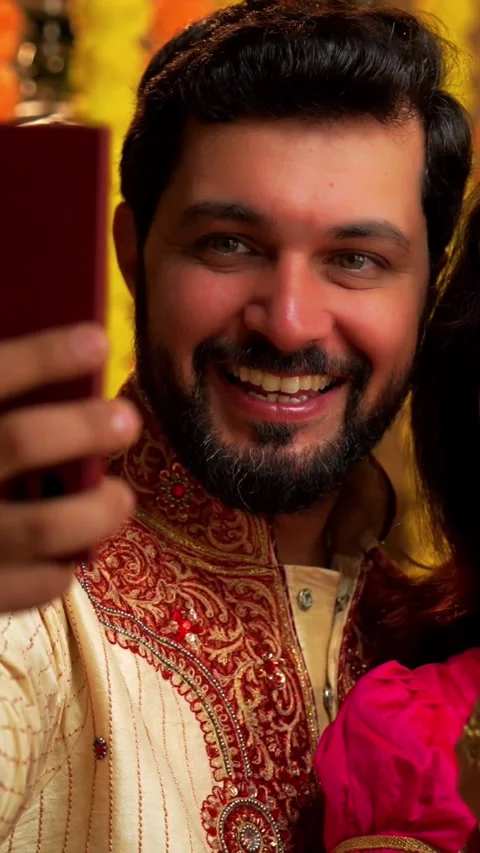 Video Calling While Lighting Samai on Diwali Night – Indian Couple Stock Footage 342381229