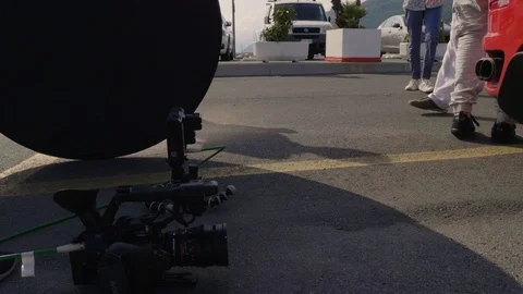 Video camera and gear on set outside  Video stock 95995515