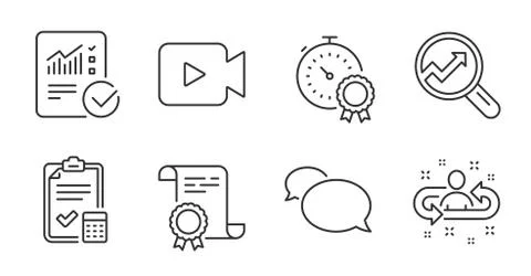 Video camera, Checked calculation and Messenger icons set. Vector Stock Illustration