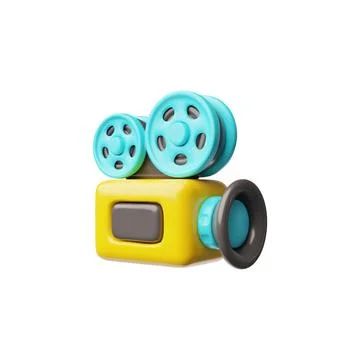 Video camera with films 3D plastic cartoon vector icon, film recorder Stock Illustration