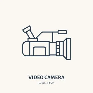 Video camera flat line icon. Movie production device sign. Thin linear logo for Illustrazione stock